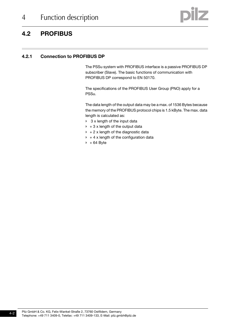 Profibus, Connection to profibus dp, 4function description | 2 profibus, 1 connection to profibus dp | Pilz PSSu H DP User Manual | Page 16 / 31