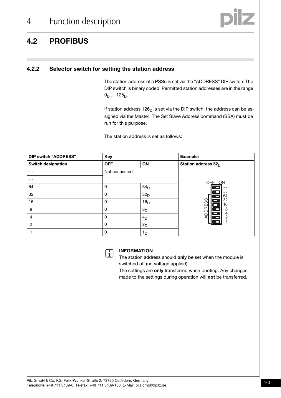 Selector switch for setting the station address, 4function description, 2 profibus | 2 selector switch for setting the station address | Pilz PSSu H DP User Manual | Page 17 / 31