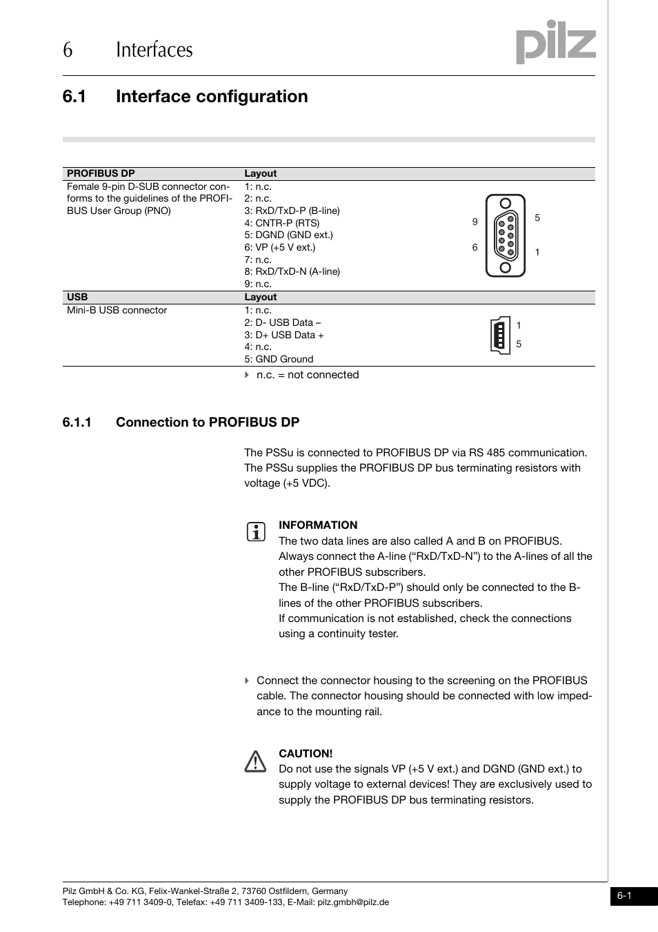 Interfaces, Interface configuration, Connection to profibus dp | 6interfaces, 1 interface configuration, 1 connection to profibus dp | Pilz PSSu H DP User Manual | Page 21 / 31