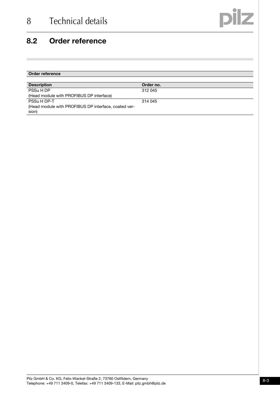 Order reference, 8technical details, 2 order reference | Pilz PSSu H DP User Manual | Page 29 / 31