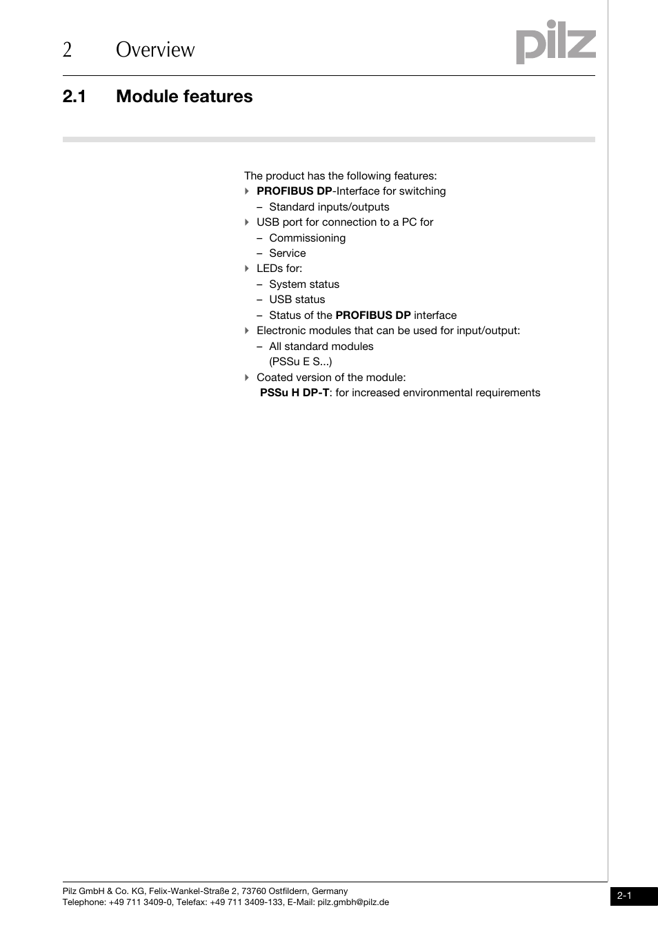 Overview, Module features, 2overview | 1 module features | Pilz PSSu H DP User Manual | Page 9 / 31