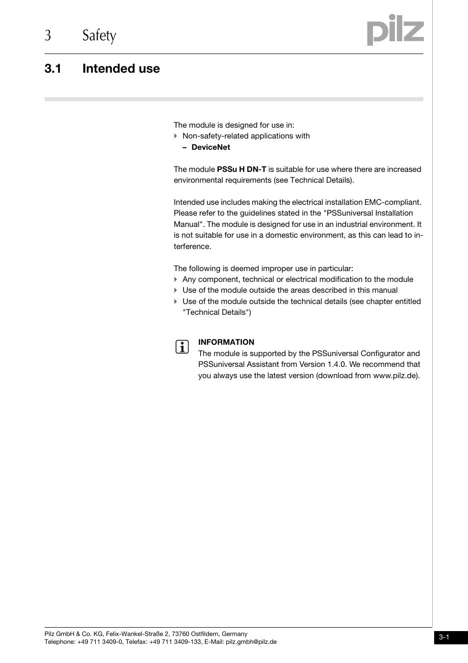 Safety, Intended use, 3safety | 1 intended use | Pilz PSSu H DN User Manual | Page 11 / 31