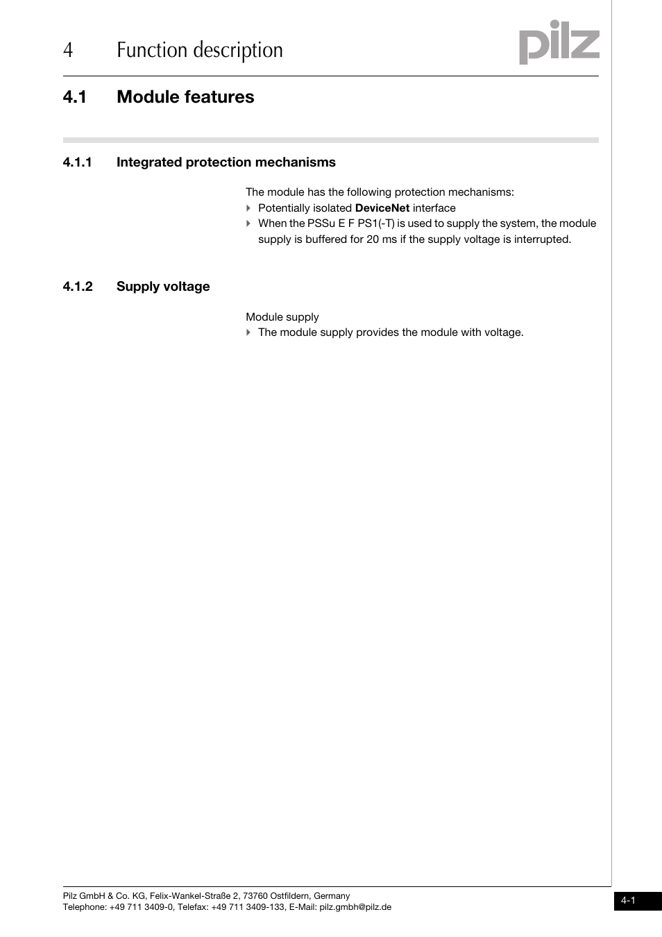 Function description, Module features, Integrated protection mechanisms | Supply voltage, 4function description, 1 module features, 1 integrated protection mechanisms, 2 supply voltage, The module has the following protection mechanisms, Potentially isolated devicenet interface | Pilz PSSu H DN User Manual | Page 15 / 31