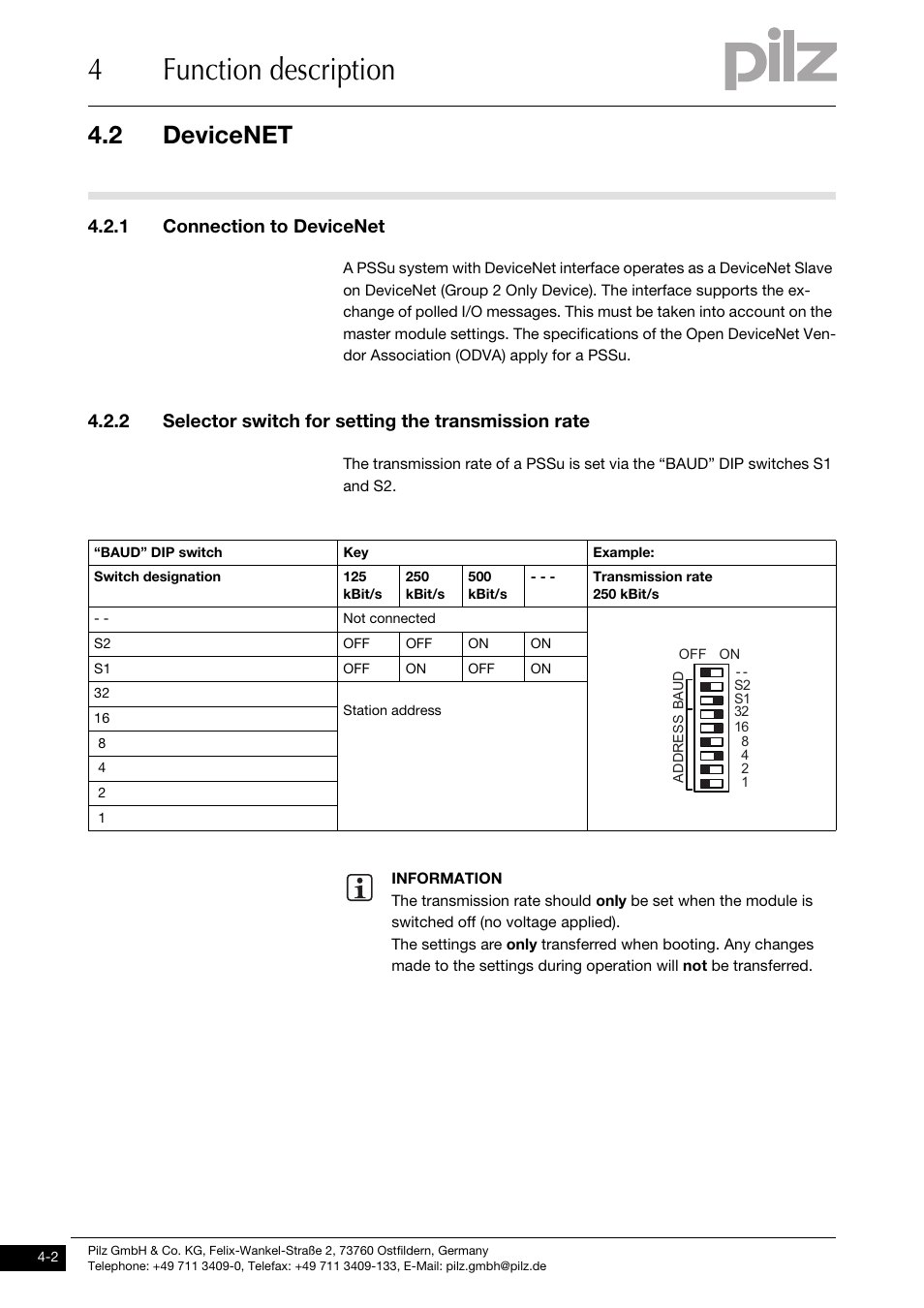 Devicenet, Connection to devicenet, Selector switch for setting the transmission rate | 4function description, 2 devicenet, 1 connection to devicenet | Pilz PSSu H DN User Manual | Page 16 / 31