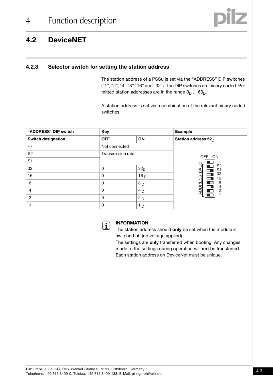 Selector switch for setting the station address, 4function description, 2 devicenet | 3 selector switch for setting the station address | Pilz PSSu H DN User Manual | Page 17 / 31