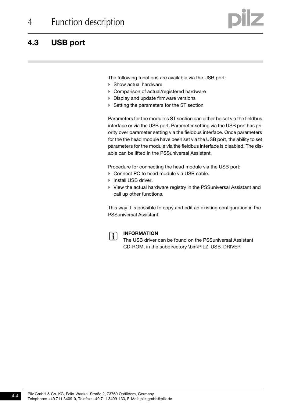 Usb port, 4function description, 3 usb port | Pilz PSSu H DN User Manual | Page 18 / 31