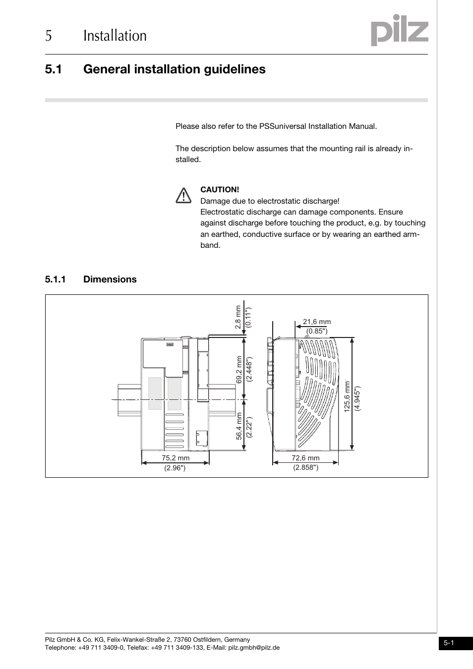 Installation, General installation guidelines, Dimensions | 5installation, 1 general installation guidelines, 1 dimensions | Pilz PSSu H DN User Manual | Page 19 / 31