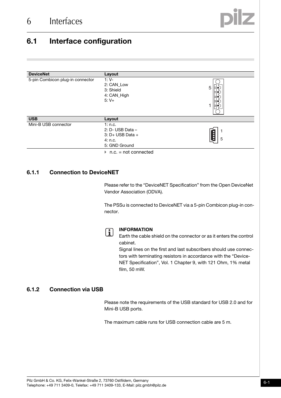Interfaces, Interface configuration, Connection to devicenet | Connection via usb, 6interfaces, 1 interface configuration, 1 connection to devicenet, 2 connection via usb | Pilz PSSu H DN User Manual | Page 21 / 31