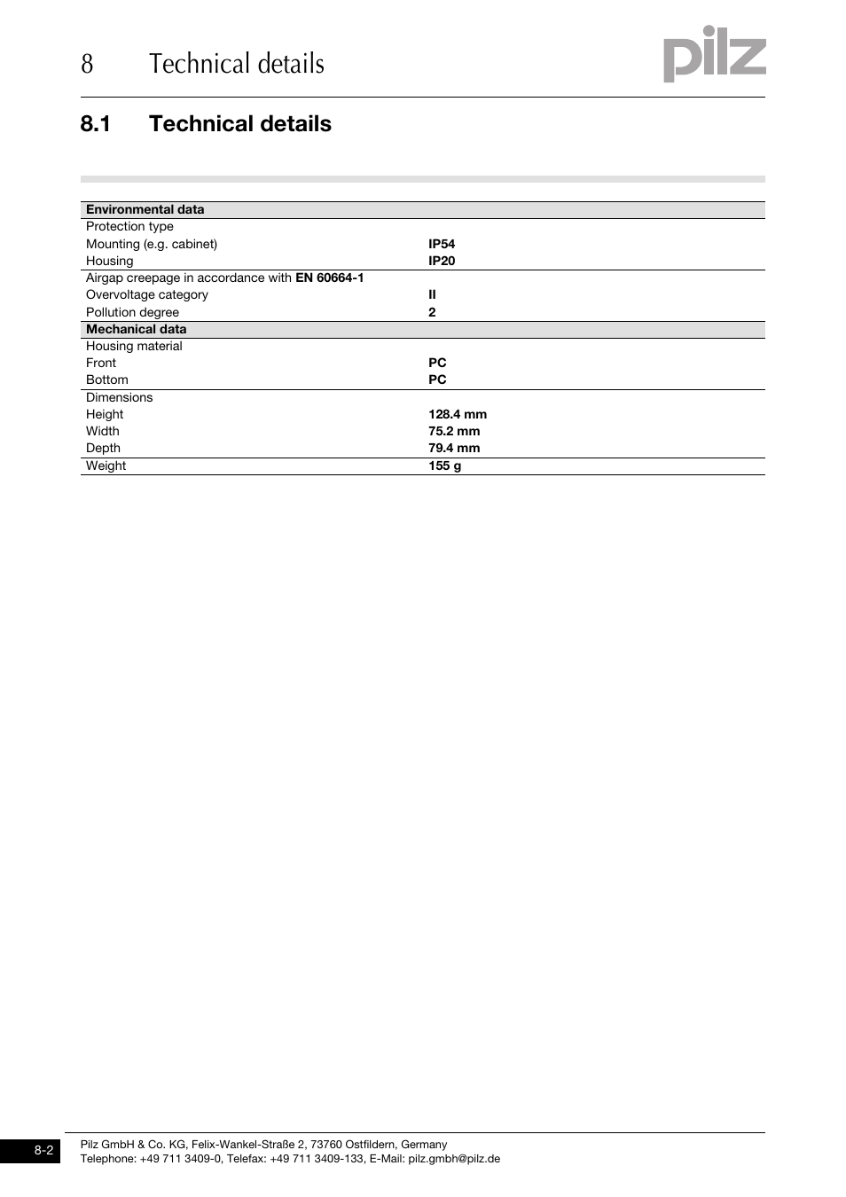 8technical details, 1 technical details | Pilz PSSu H DN User Manual | Page 28 / 31