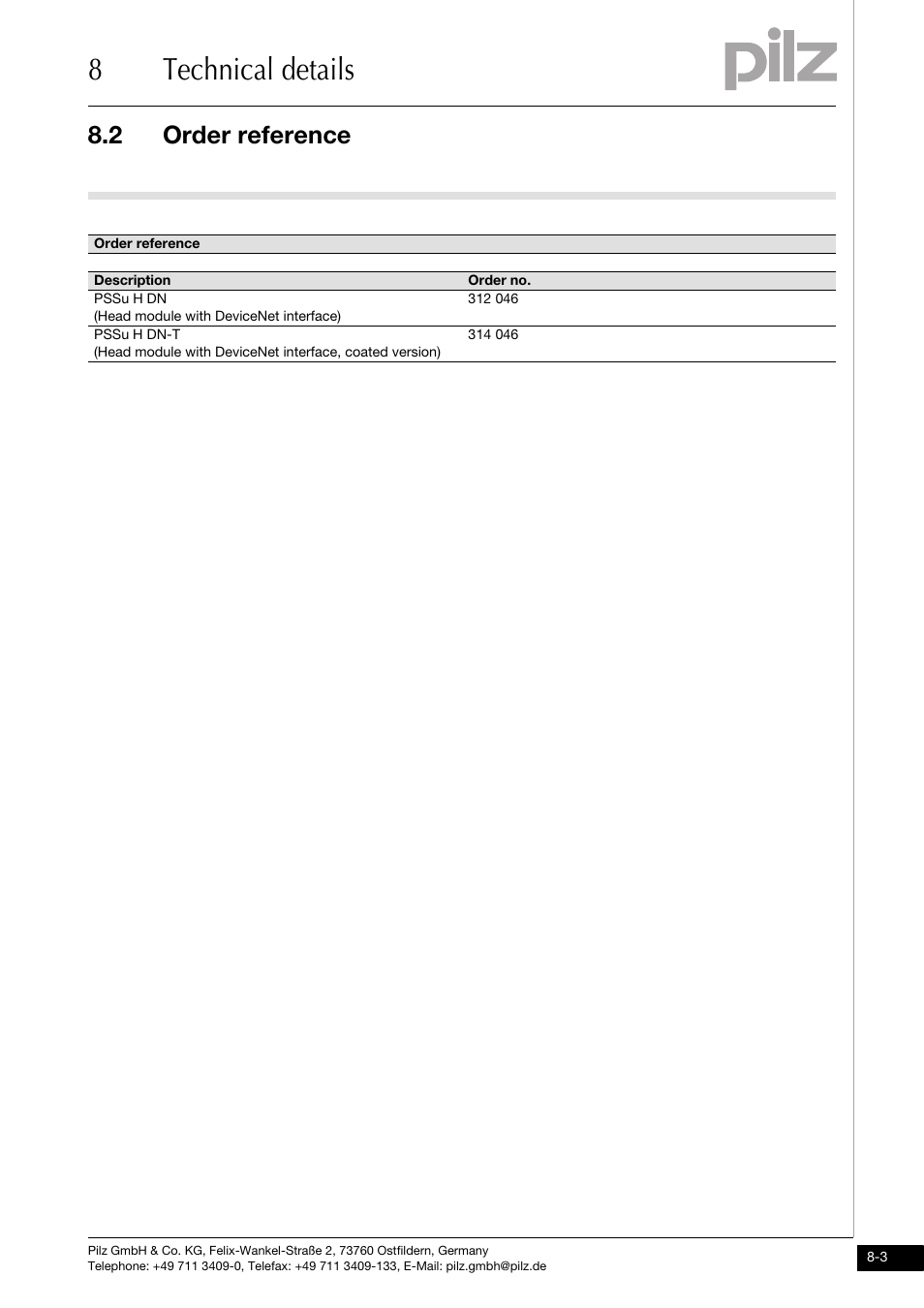 Order reference, 8technical details, 2 order reference | Pilz PSSu H DN User Manual | Page 29 / 31
