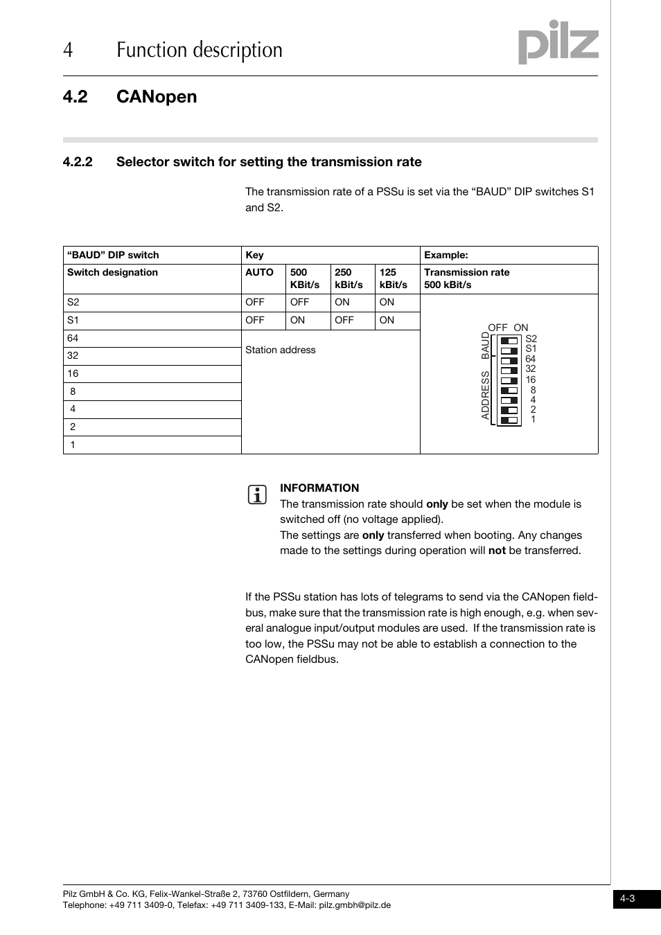 Selector switch for setting the transmission rate, 4function description, 2 canopen | Pilz PSSu H CAN User Manual | Page 17 / 41