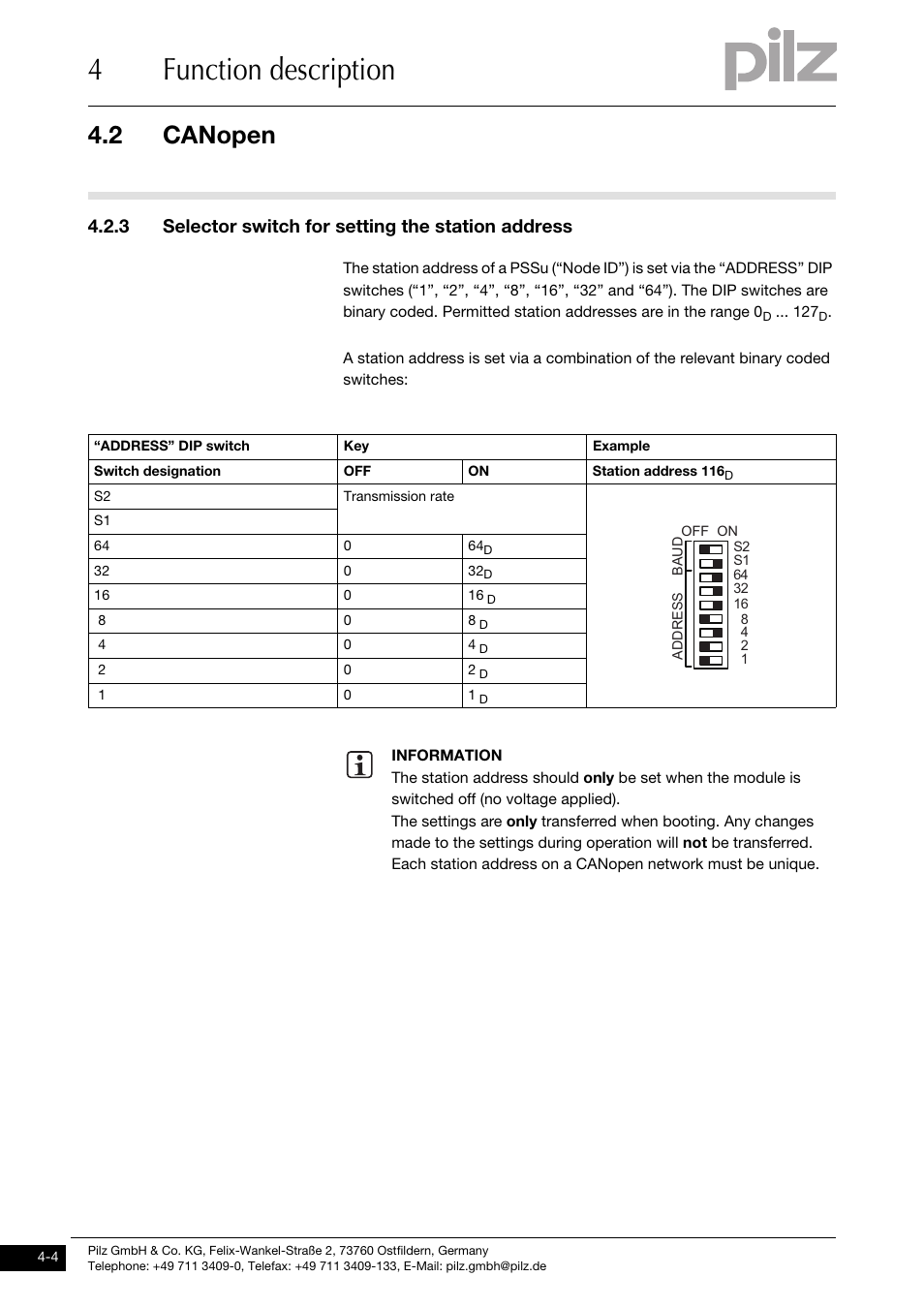 Selector switch for setting the station address, 4function description, 2 canopen | 3 selector switch for setting the station address | Pilz PSSu H CAN User Manual | Page 18 / 41