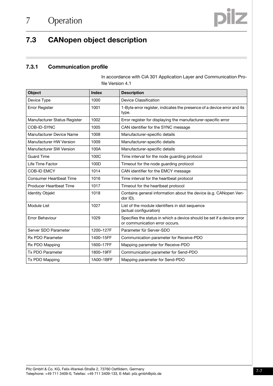 Canopen object description, Communication profile, 7operation | 3 canopen object description, 1 communication profile | Pilz PSSu H CAN User Manual | Page 31 / 41