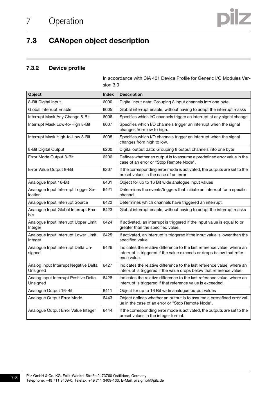 Device profile, 7operation, 3 canopen object description | 2 device profile | Pilz PSSu H CAN User Manual | Page 32 / 41