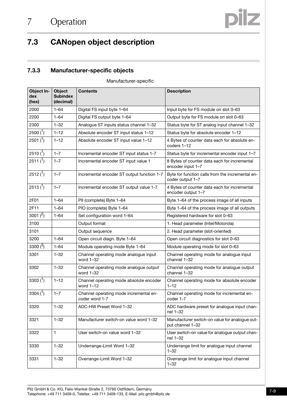 Manufacturer-specific objects, 7operation, 3 canopen object description | 3 manufacturer-specific objects | Pilz PSSu H CAN User Manual | Page 33 / 41