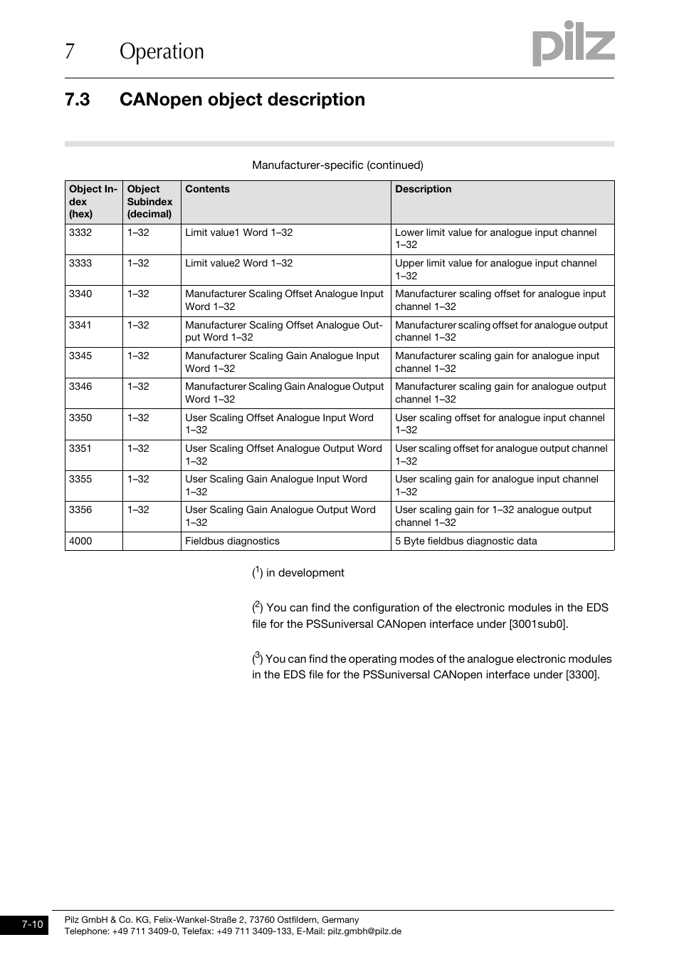 7operation, 3 canopen object description | Pilz PSSu H CAN User Manual | Page 34 / 41