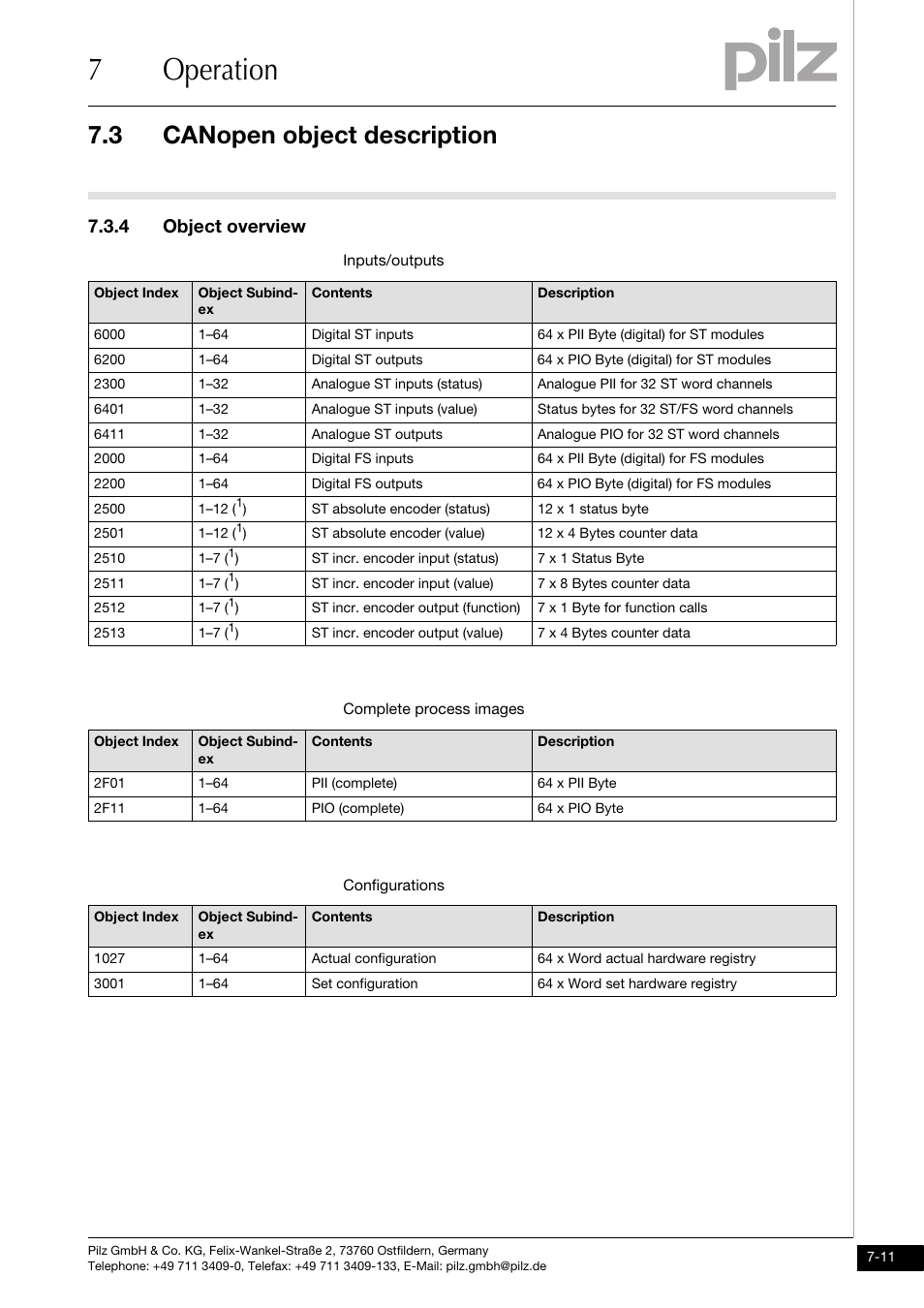 Object overview, 7operation, 3 canopen object description | 4 object overview | Pilz PSSu H CAN User Manual | Page 35 / 41