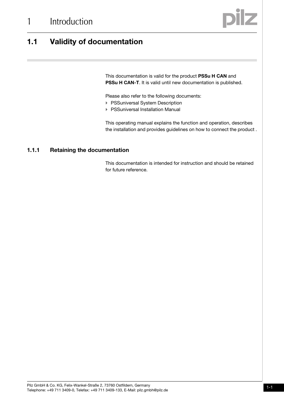 Introduction, Validity of documentation, Retaining the documentation | 1introduction, 1 validity of documentation, 1 retaining the documentation, Pssuniversal system description, Pssuniversal installation manual | Pilz PSSu H CAN User Manual | Page 5 / 41