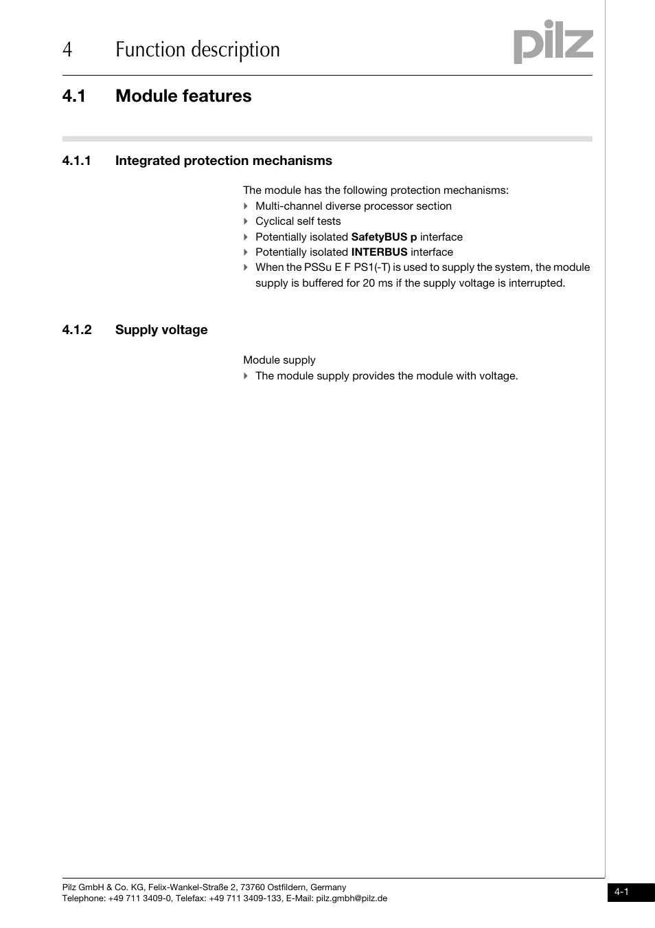 Function description, Module features, Integrated protection mechanisms | Supply voltage, 4function description, 1 module features, 1 integrated protection mechanisms, 2 supply voltage | Pilz PSSu H SB IBSo User Manual | Page 15 / 39