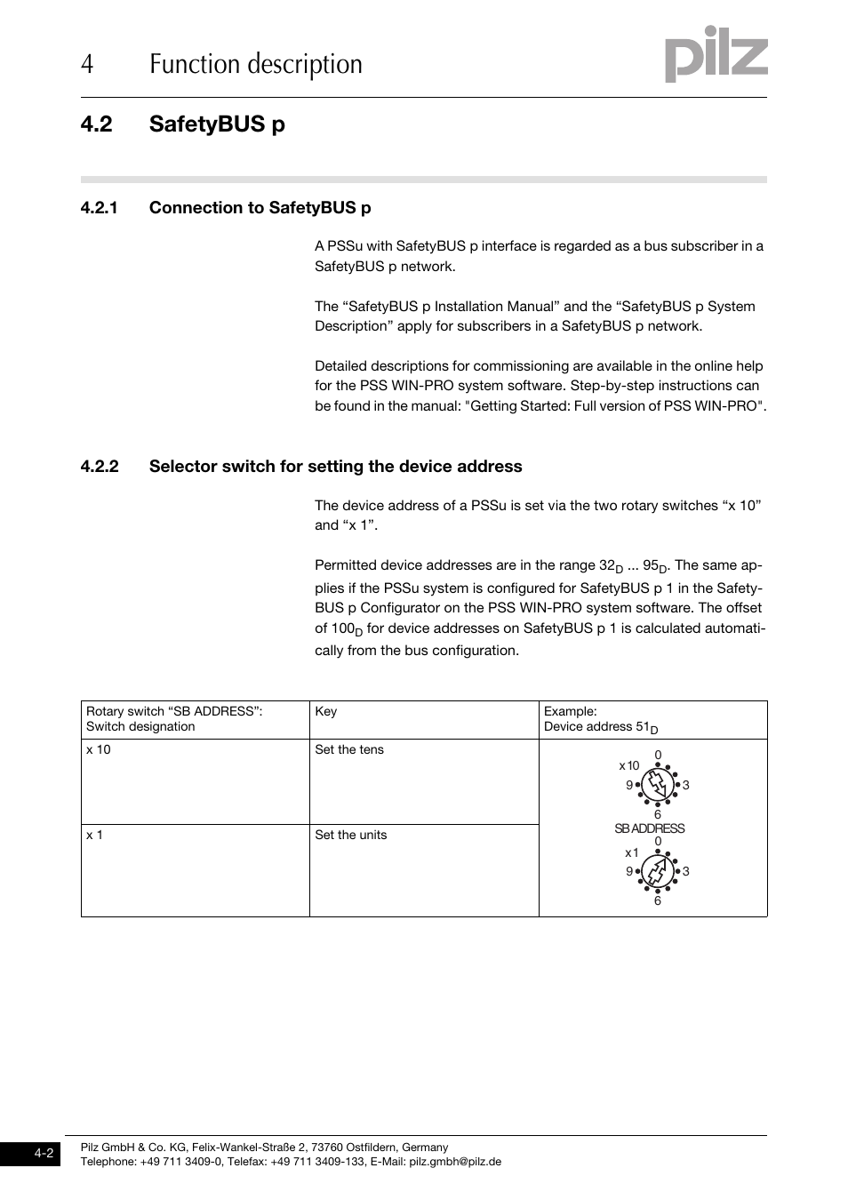 Safetybus p, Connection to safetybus p, Selector switch for setting the device address | 4function description, 2 safetybus p, 1 connection to safetybus p, 2 selector switch for setting the device address | Pilz PSSu H SB IBSo User Manual | Page 16 / 39