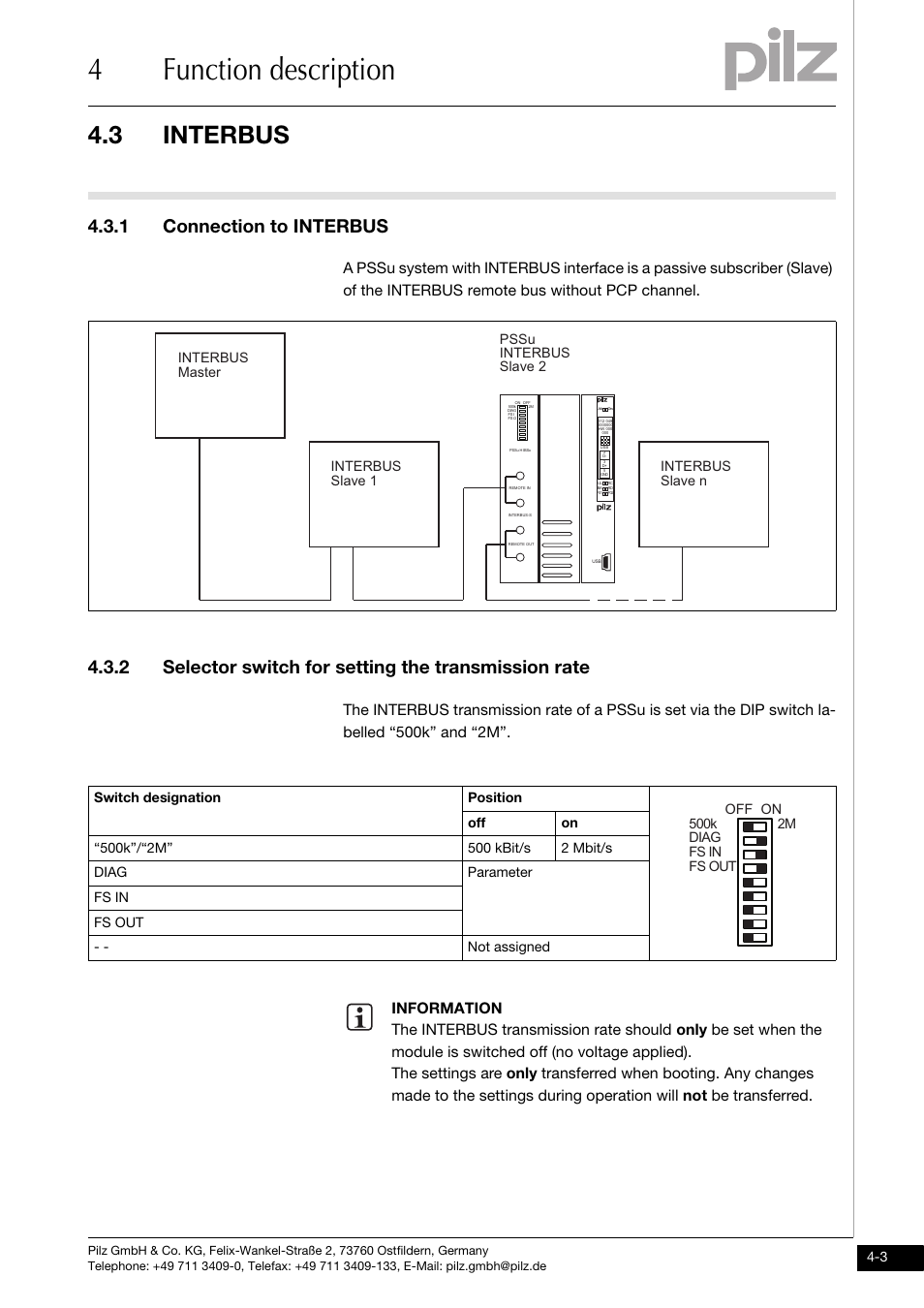 Interbus, Connection to interbus, Selector switch for setting the transmission rate | 4function description, 3 interbus, 1 connection to interbus, Off on 2m diag fs out fs in 500k | Pilz PSSu H SB IBSo User Manual | Page 17 / 39