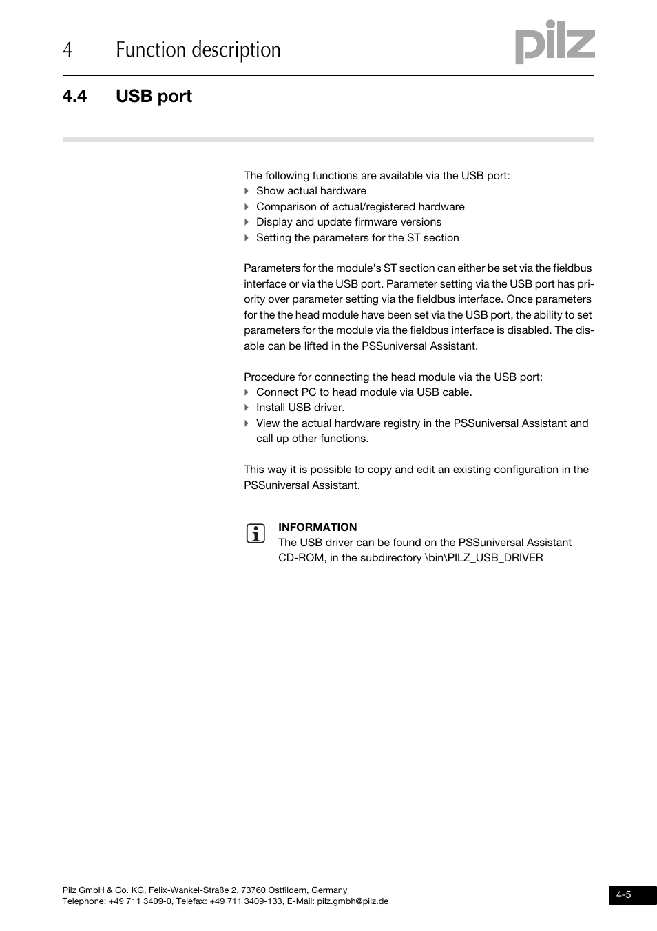 Usb port, 4function description, 4 usb port | Pilz PSSu H SB IBSo User Manual | Page 19 / 39