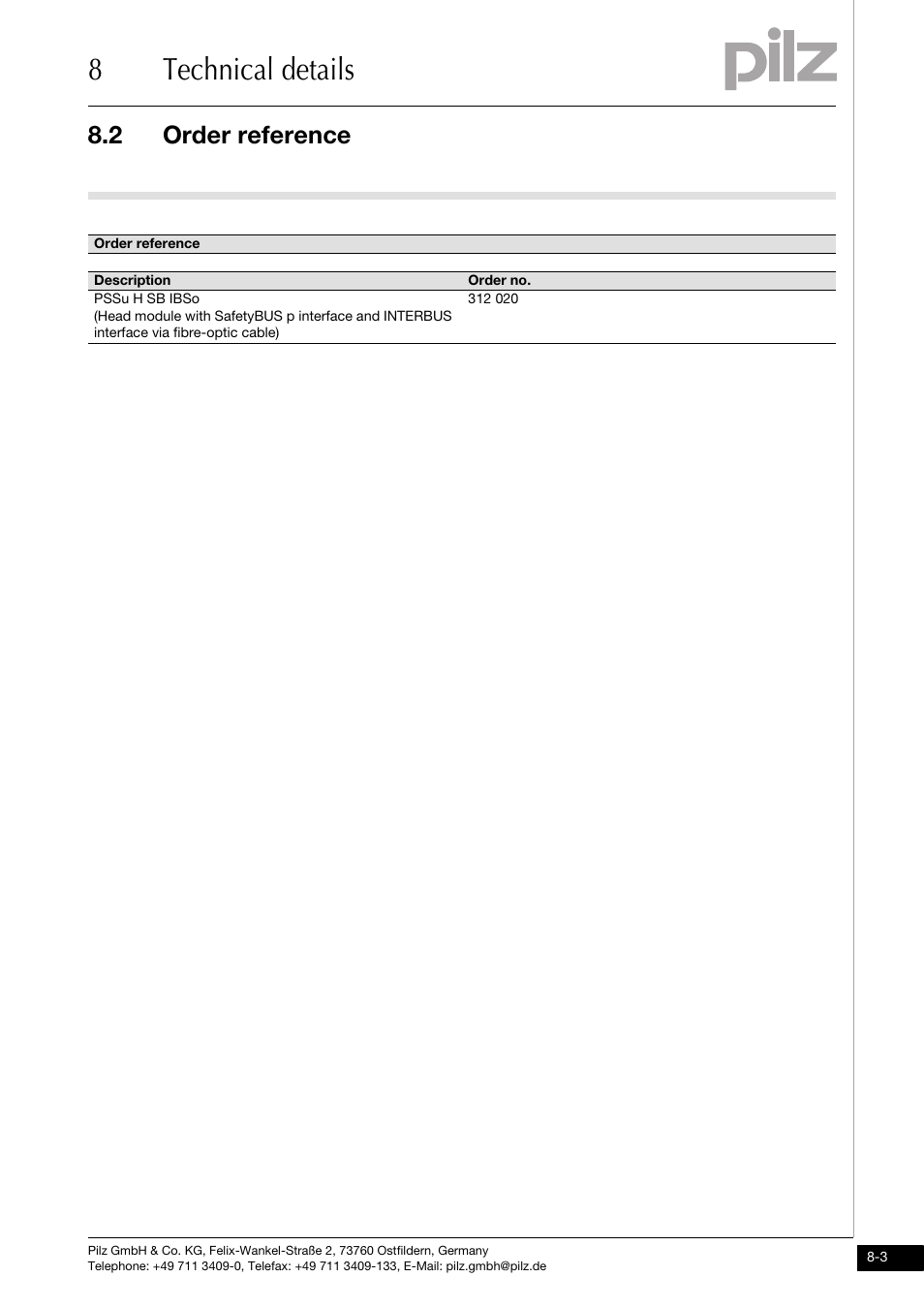 Order reference, 8technical details, 2 order reference | Pilz PSSu H SB IBSo User Manual | Page 37 / 39