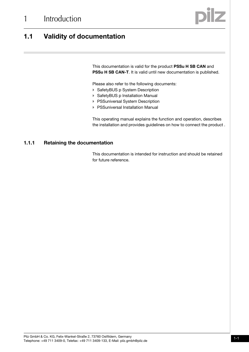 Introduction, Validity of documentation, Retaining the documentation | 1introduction, 1 validity of documentation, 1 retaining the documentation | Pilz PSSu H SB CAN User Manual | Page 5 / 43