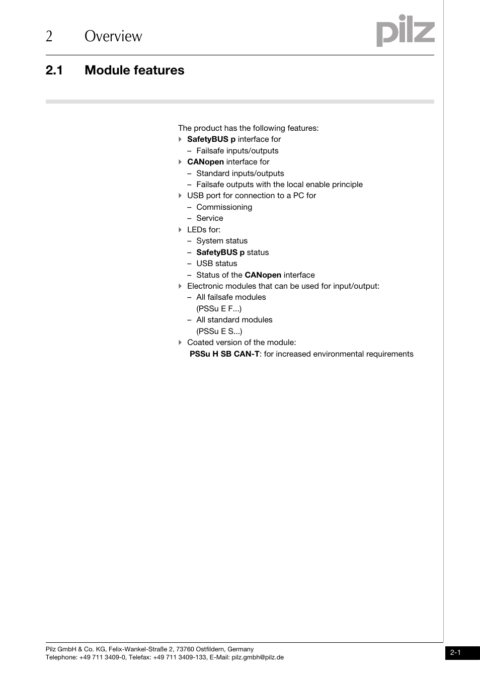 Overview, Module features, 2overview | 1 module features | Pilz PSSu H SB CAN User Manual | Page 9 / 43