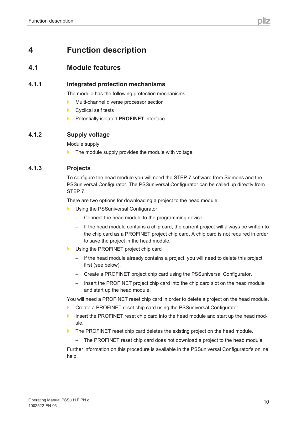 4 function description, 1 module features, 1 integrated protection mechanisms | 2 supply voltage, 3 projects, Section 4, Function description, Module features, Integrated protection mechanisms, Supply voltage | Pilz PSSu H F PN o User Manual | Page 10 / 22