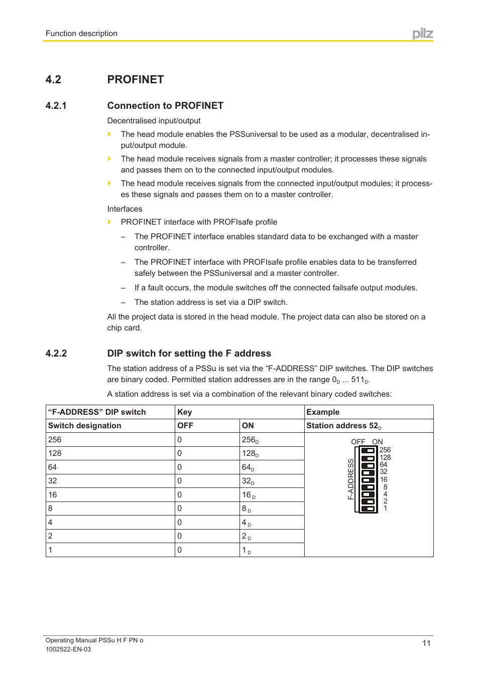 2 profinet, 1 connection to profinet, 2 dip switch for setting the f address | Profinet, Connection to profinet, Dip switch for setting the f address | Pilz PSSu H F PN o User Manual | Page 11 / 22