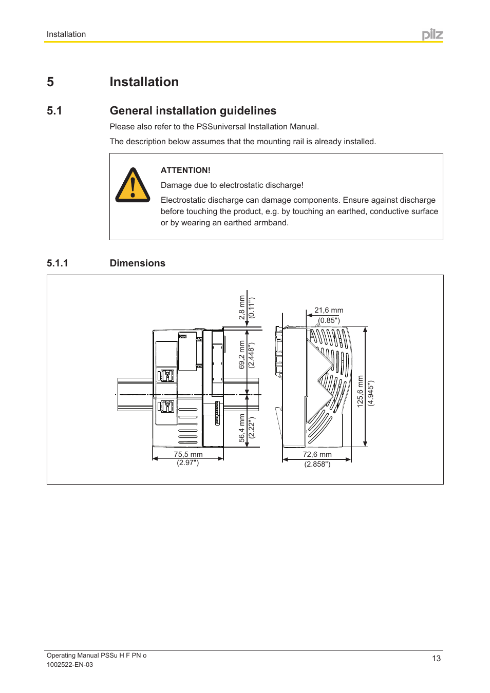 5 installation, 1 general installation guidelines, 1 dimensions | Section 5, Installation, General installation guidelines, Dimensions | Pilz PSSu H F PN o User Manual | Page 13 / 22