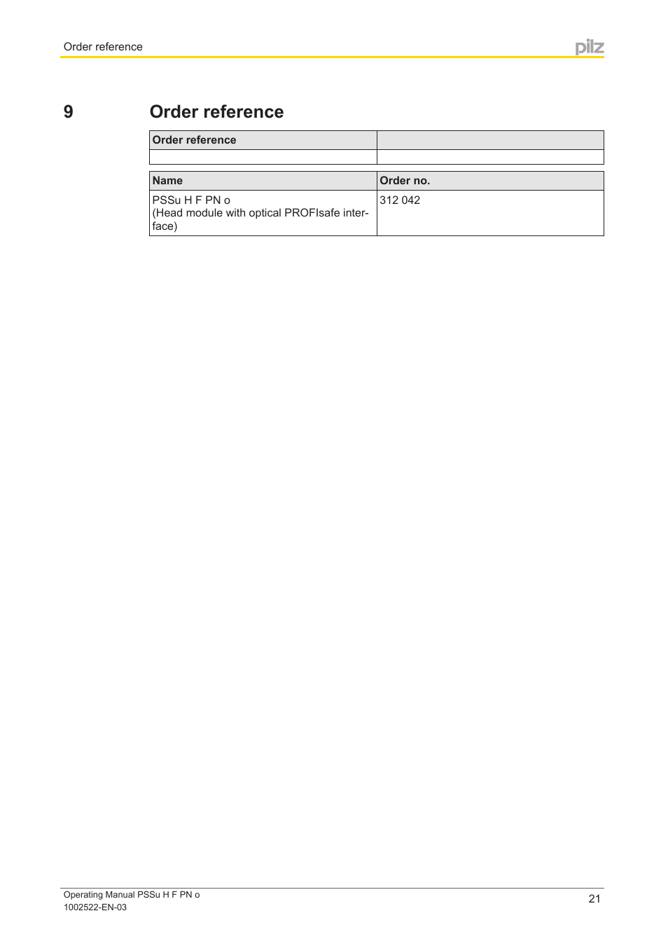 9 order reference, Section 9, Order reference | Pilz PSSu H F PN o User Manual | Page 21 / 22