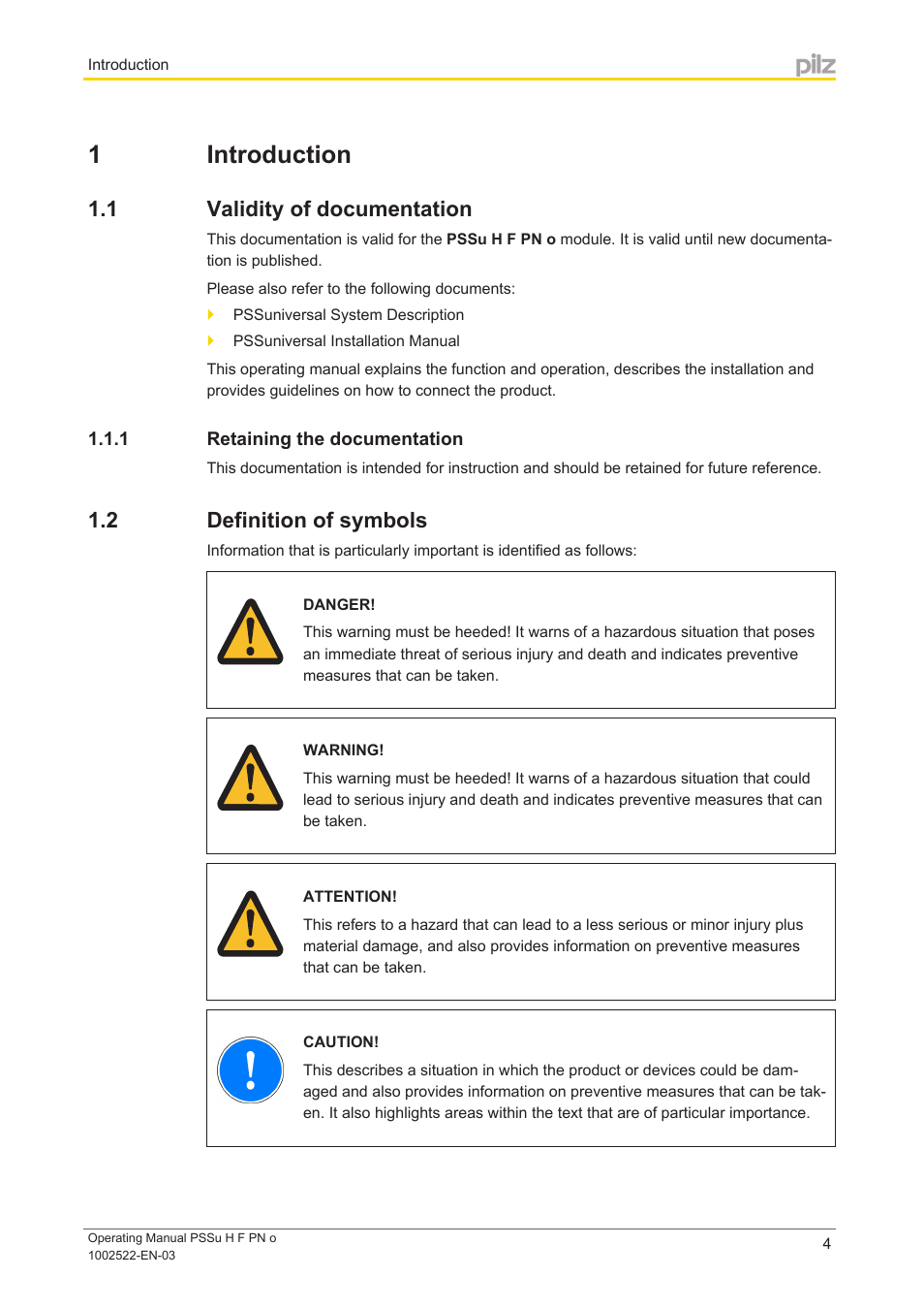 1 introduction, 1 validity of documentation, 1 retaining the documentation | 2 definition of symbols, Section 1, Introduction, Validity of documentation, Retaining the documentation, Definition of symbols | Pilz PSSu H F PN o User Manual | Page 4 / 22