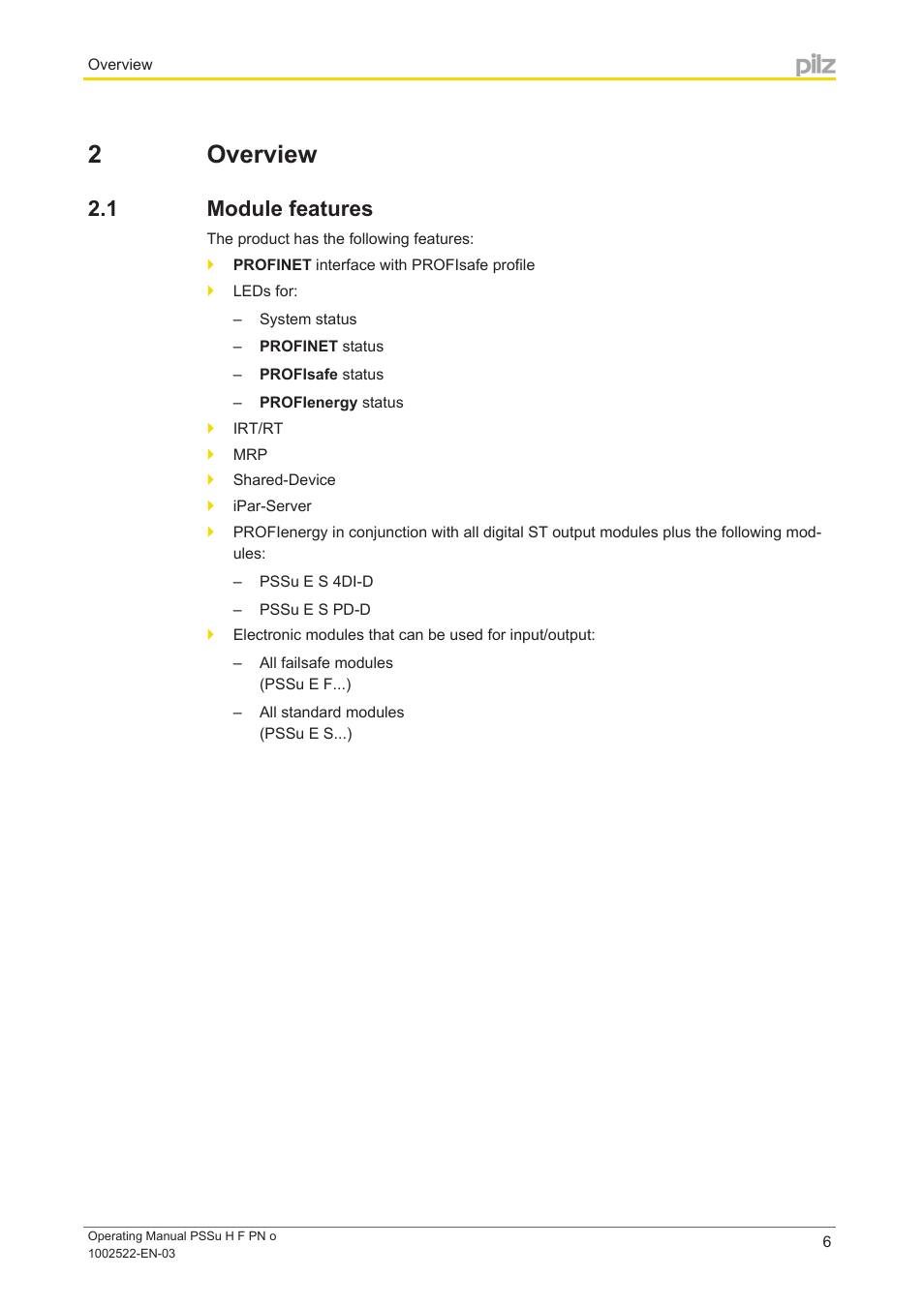 2 overview, 1 module features, Section 2 | Overview, Module features | Pilz PSSu H F PN o User Manual | Page 6 / 22