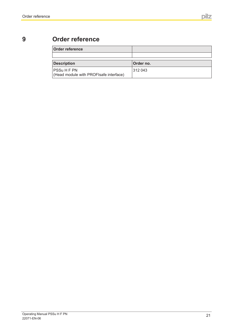 9 order reference, Section 9, Order reference | Pilz PSSu H F PN User Manual | Page 21 / 22
