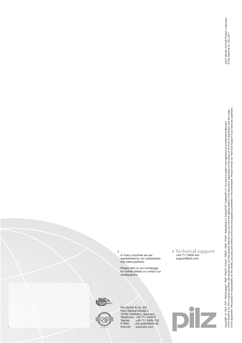 Contact address, Technical support, Front cover | Pilz PSSu H F PN User Manual | Page 22 / 22