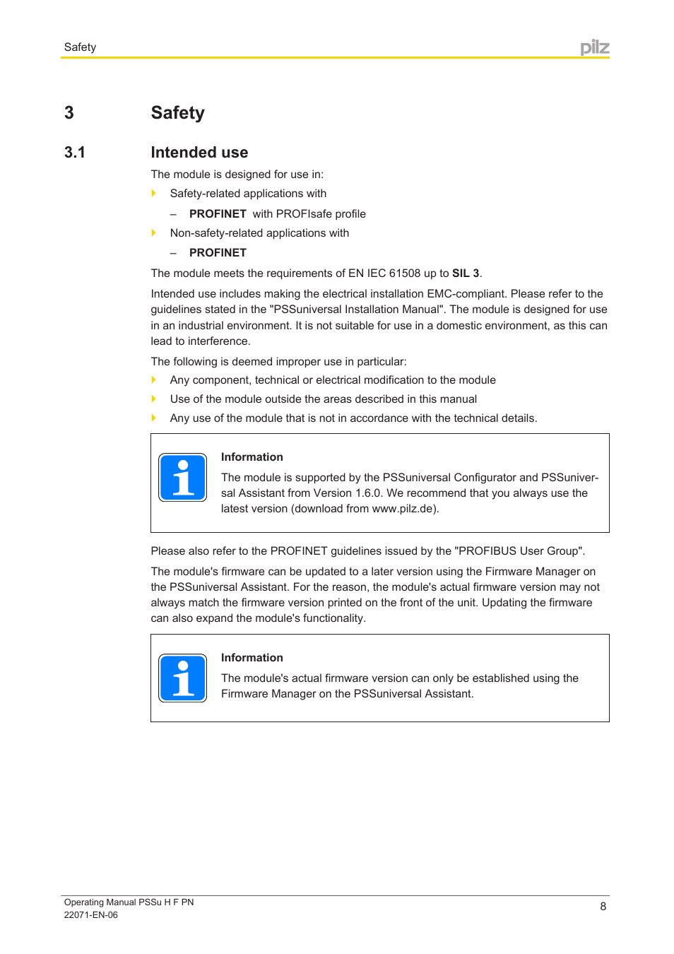 3 safety, 1 intended use, Section 3 | Safety, Intended use | Pilz PSSu H F PN User Manual | Page 8 / 22