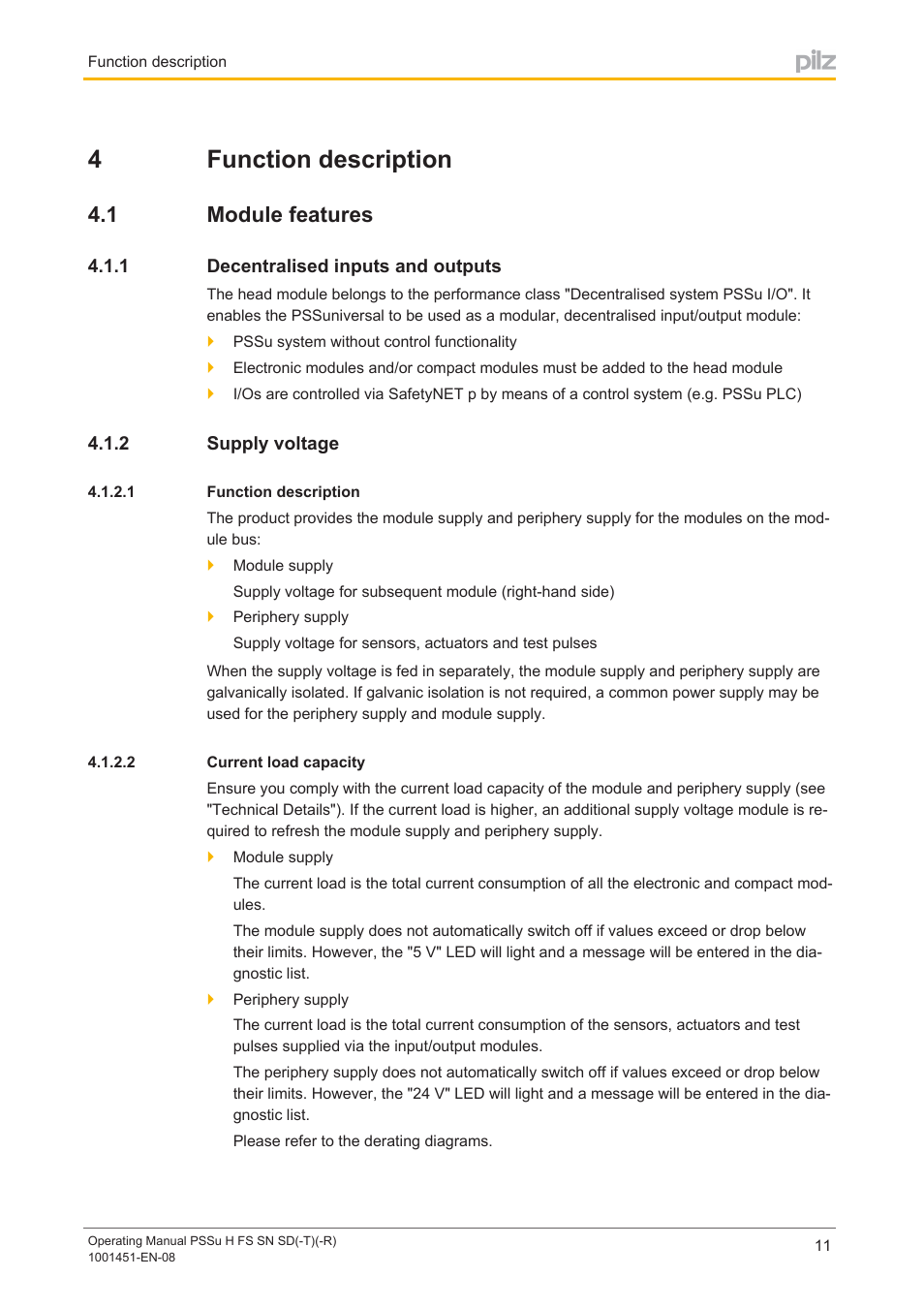 4 function description, 1 module features, 1 decentralised inputs and outputs | 2 supply voltage, 1 function description, 2 current load capacity, Section 4, Function description, Module features, Decentralised inputs and outputs | Pilz PSSu H FS SN SD User Manual | Page 11 / 33