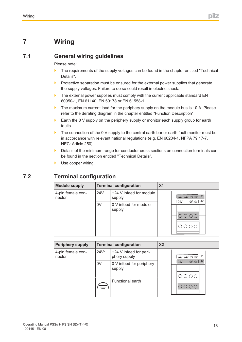 7 wiring, 1 general wiring guidelines, 2 terminal configuration | Section 7, Wiring, General wiring guidelines, Terminal configuration, 7wiring | Pilz PSSu H FS SN SD User Manual | Page 18 / 33