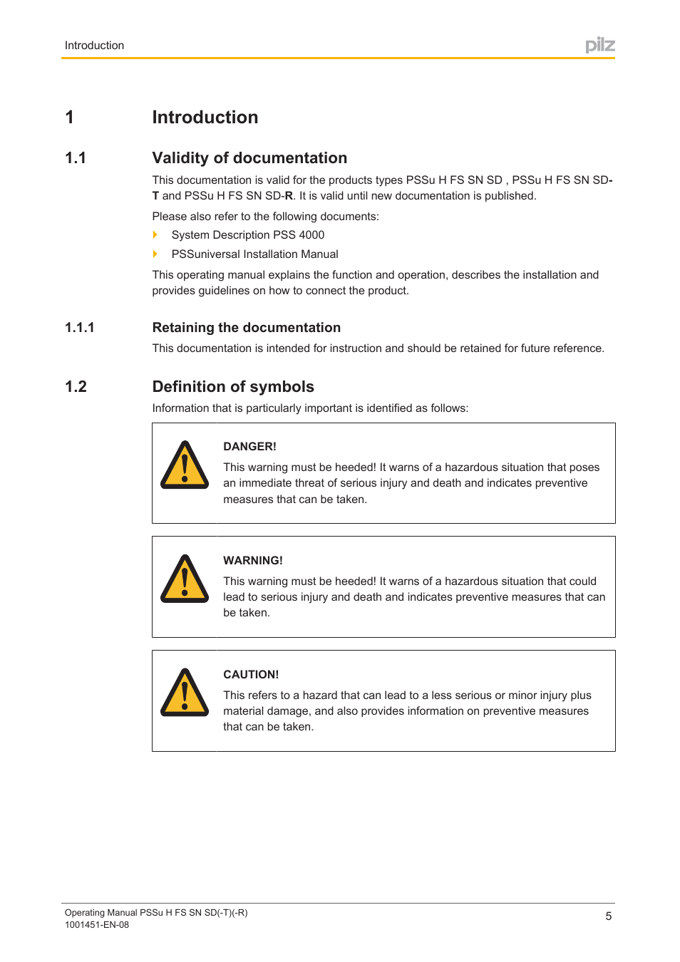 1 introduction, 1 validity of documentation, 1 retaining the documentation | 2 definition of symbols, Section 1, Introduction, Validity of documentation, Retaining the documentation, Definition of symbols, 1introduction | Pilz PSSu H FS SN SD User Manual | Page 5 / 33