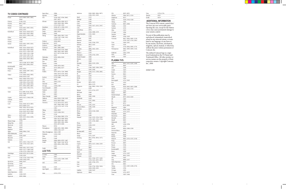 Fold, Fold tv codes continued, Lcd tv's | Plasma tv's, Additional information | Comcast DTA User Manual | Page 2 / 2