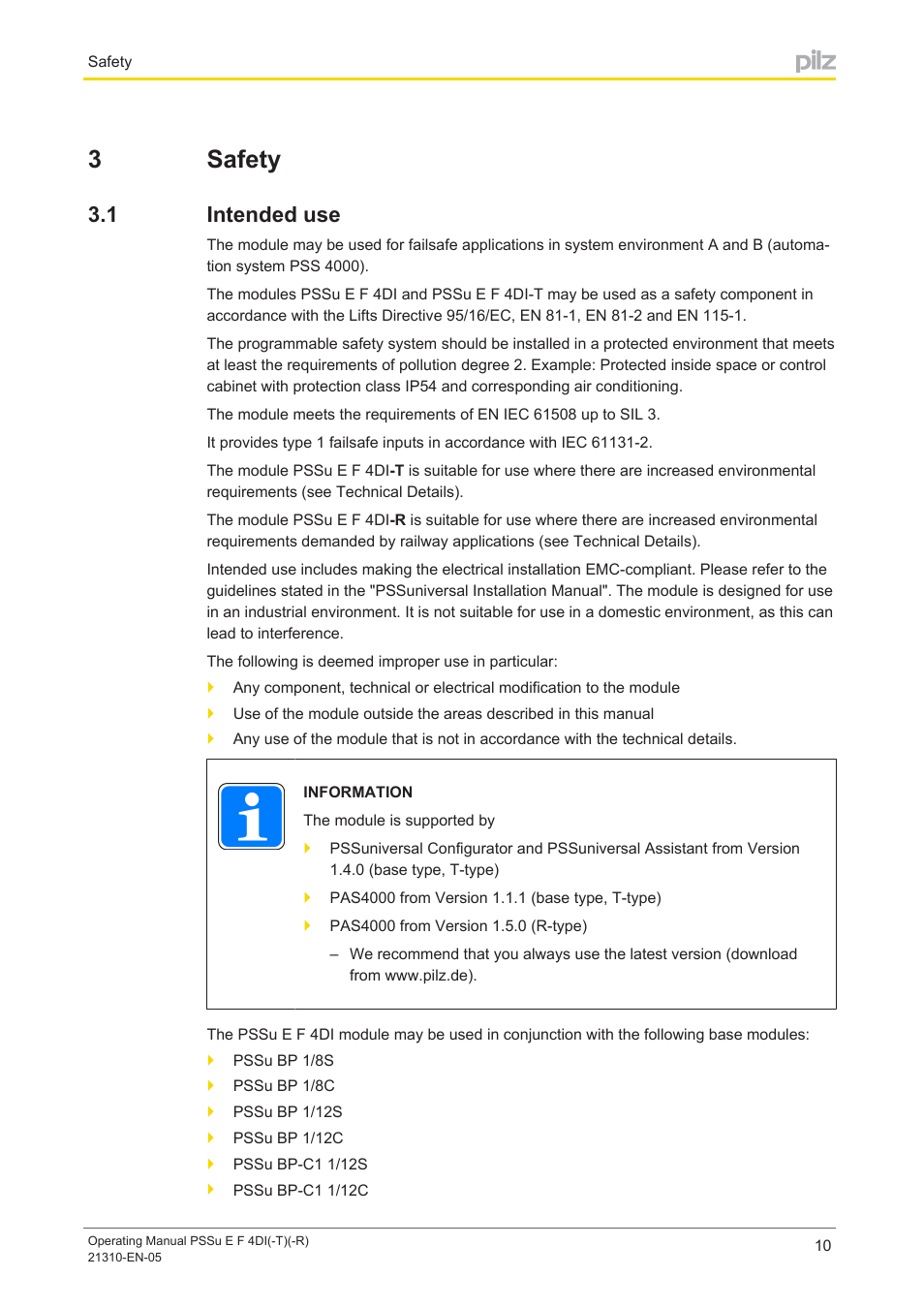 3 safety, 1 intended use, Section 3 | Safety, Intended use, 3safety | Pilz PSSu E F 4DI User Manual | Page 10 / 37