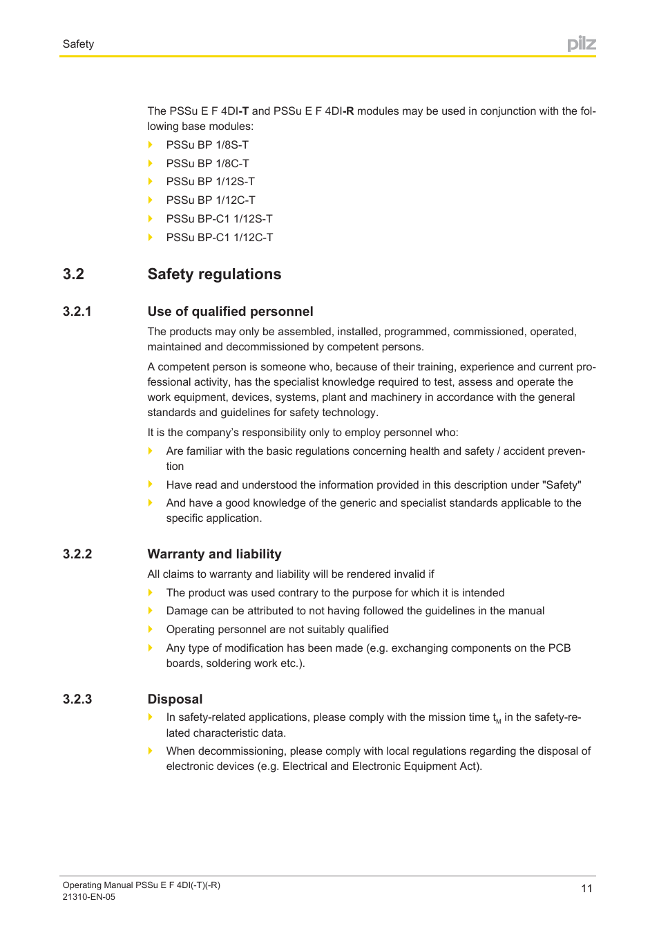2 safety regulations, 1 use of qualified personnel, 2 warranty and liability | 3 disposal, Safety regulations, Use of qualified personnel, Warranty and liability, Disposal | Pilz PSSu E F 4DI User Manual | Page 11 / 37