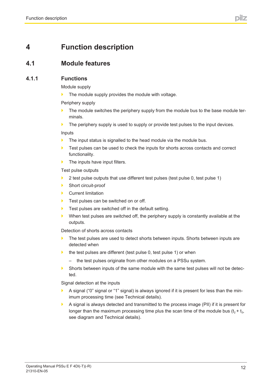 4 function description, 1 module features, 1 functions | Section 4, Function description, Module features, Functions, 4function description | Pilz PSSu E F 4DI User Manual | Page 12 / 37