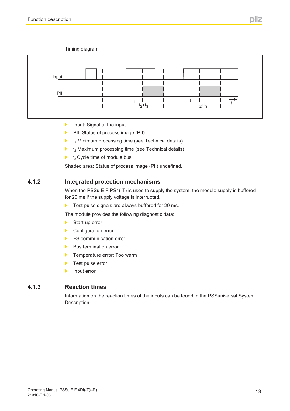 2 integrated protection mechanisms, 3 reaction times, Integrated protection mechanisms | Reaction times | Pilz PSSu E F 4DI User Manual | Page 13 / 37