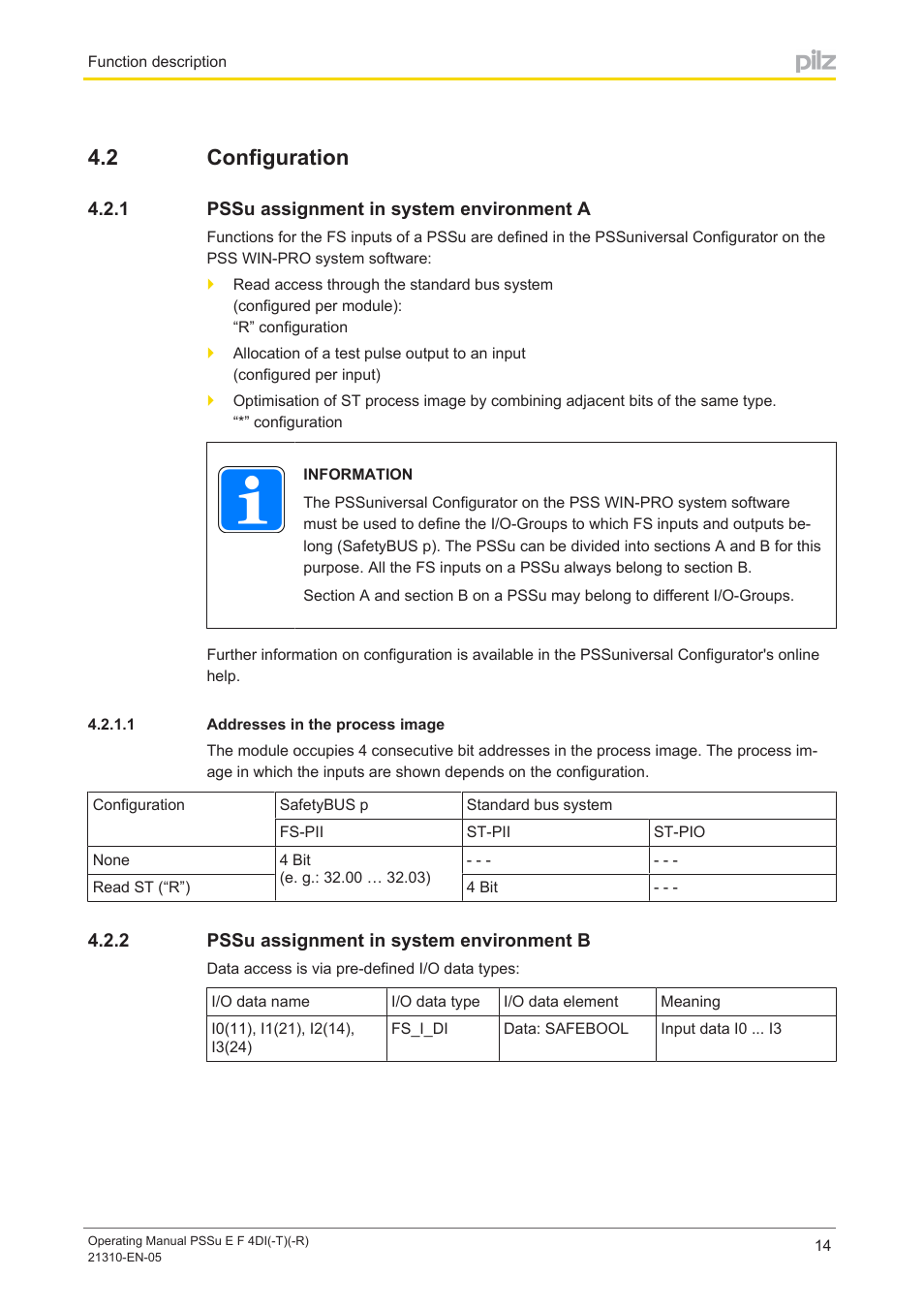2 configuration, 1 pssu assignment in system environment a, 1 addresses in the process image | 2 pssu assignment in system environment b, Configuration, Pssu assignment in system environment a, Addresses in the process image, Pssu assignment in system environment b | Pilz PSSu E F 4DI User Manual | Page 14 / 37