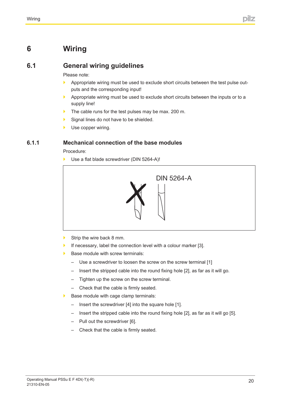 6 wiring, 1 general wiring guidelines, 1 mechanical connection of the base modules | Section 6, Wiring, General wiring guidelines, Mechanical connection of the base modules, 6wiring, Din 5264-a | Pilz PSSu E F 4DI User Manual | Page 20 / 37