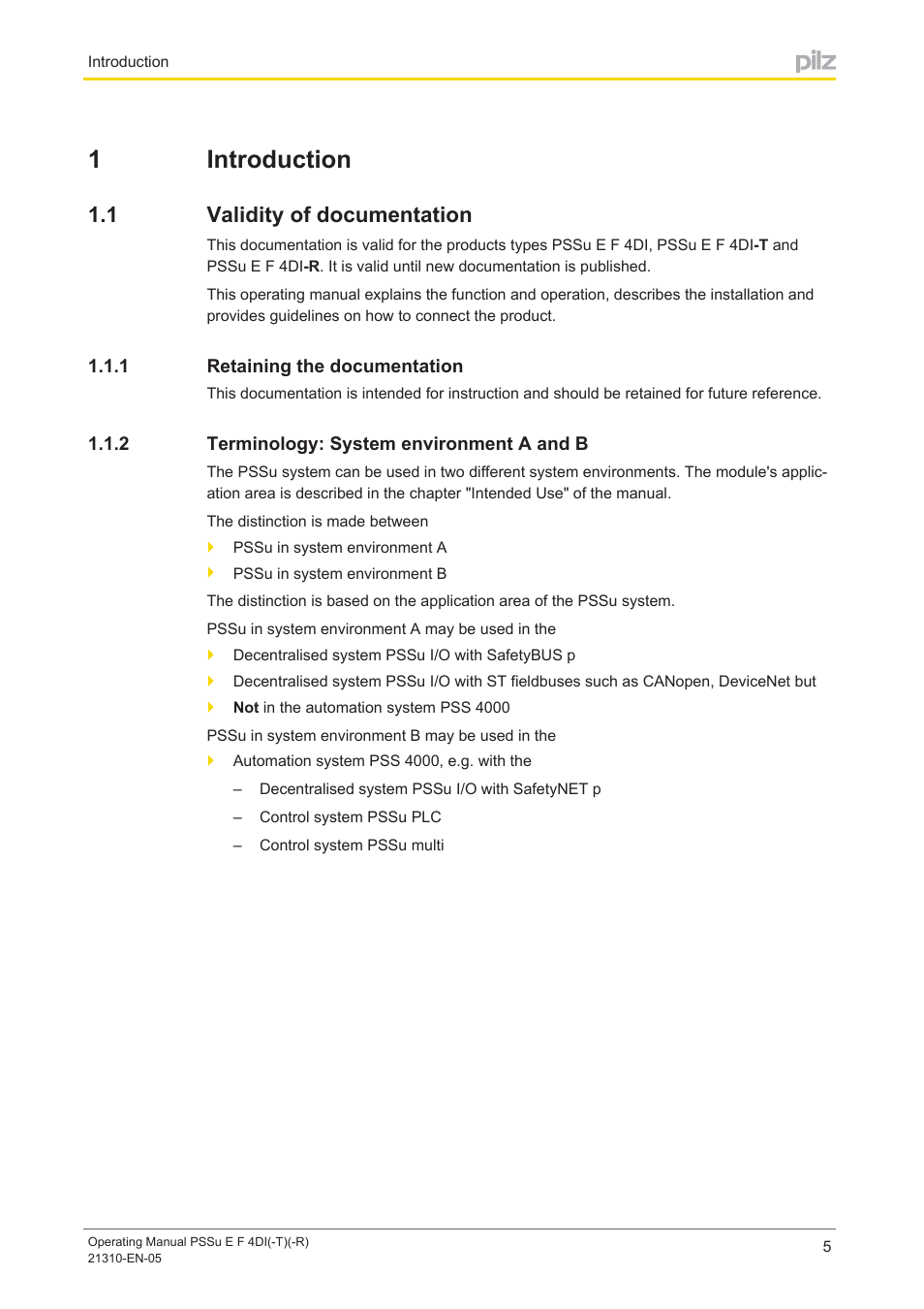 1 introduction, 1 validity of documentation, 1 retaining the documentation | 2 terminology: system environment a and b, Section 1, Introduction, Validity of documentation, Retaining the documentation, Terminology: system environment a and b, 1introduction | Pilz PSSu E F 4DI User Manual | Page 5 / 37