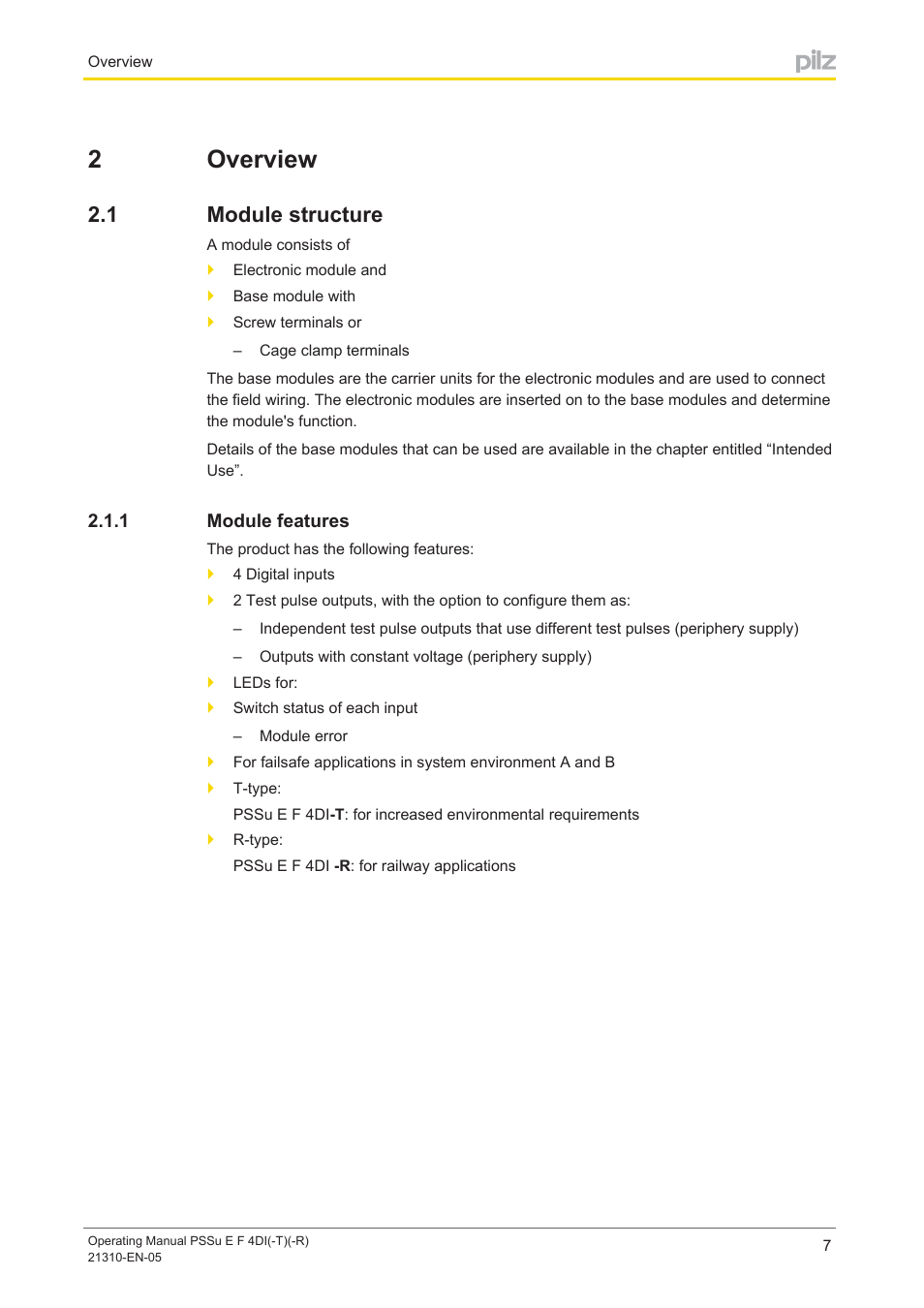 2 overview, 1 module structure, 1 module features | Section 2, Overview, Module structure, Module features, 2overview | Pilz PSSu E F 4DI User Manual | Page 7 / 37
